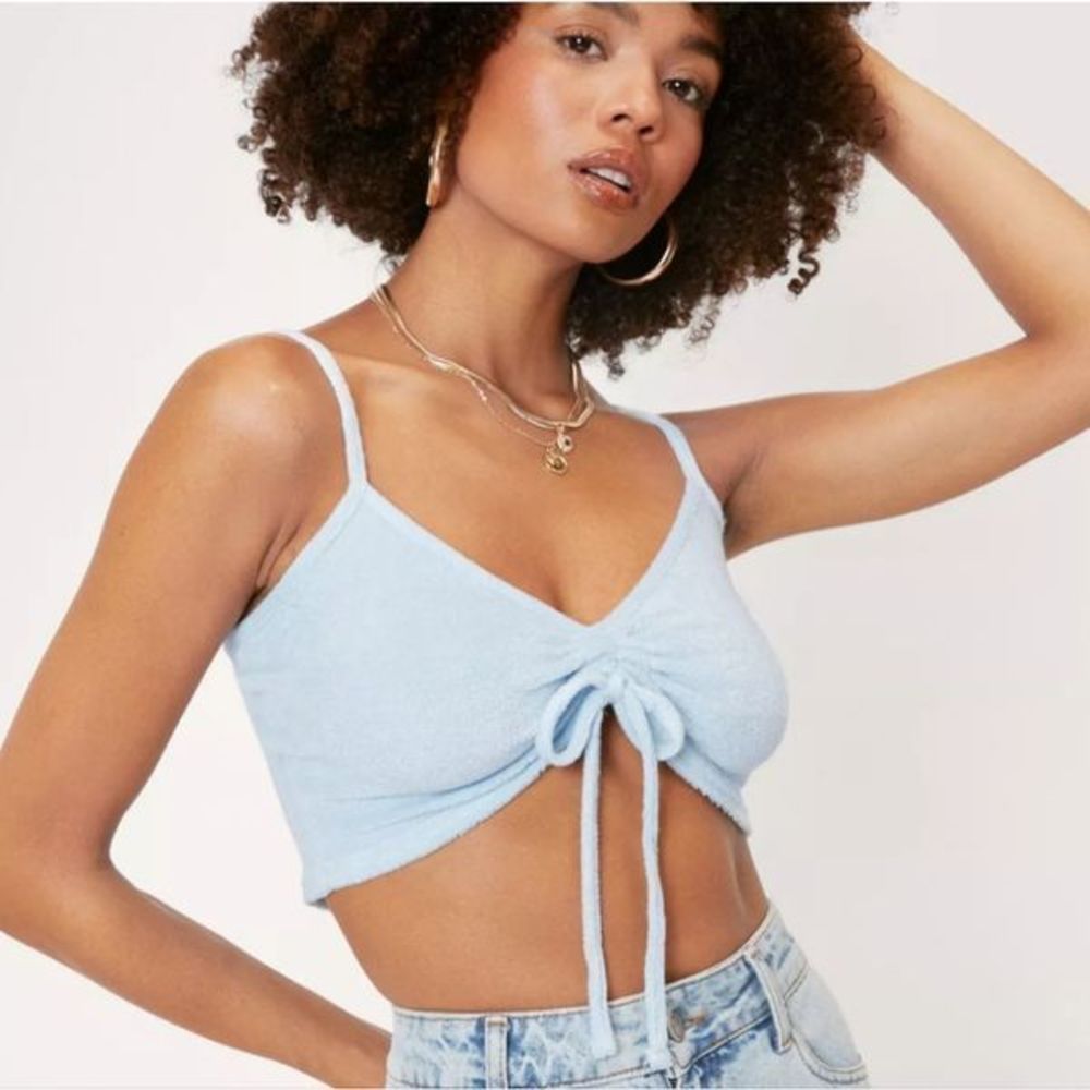 Nasty Gal Ruched Towelling Tie Detail Crop Top // Size 6 in Baby Blue